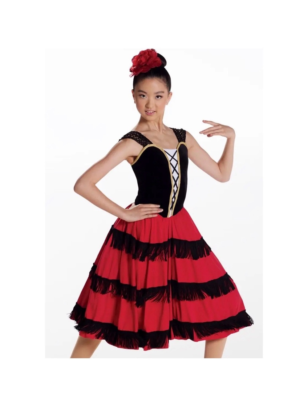 Weissman | Kitri’s Entrance Red and Black Tiered Latin Dance Dress Fringe, IC